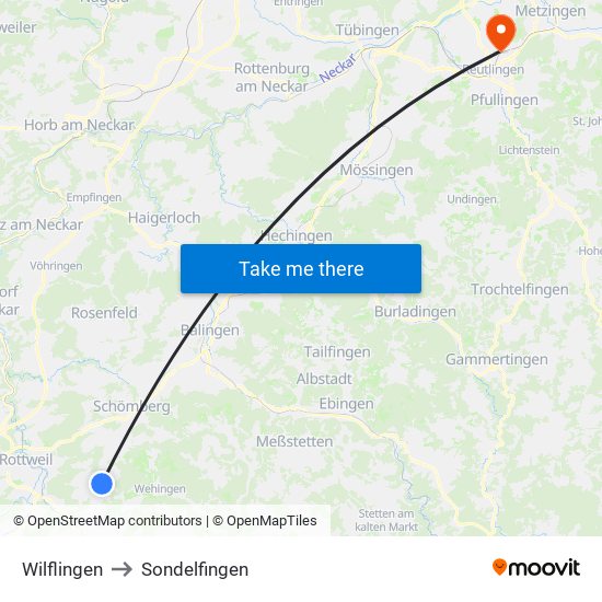 Wilflingen to Sondelfingen map