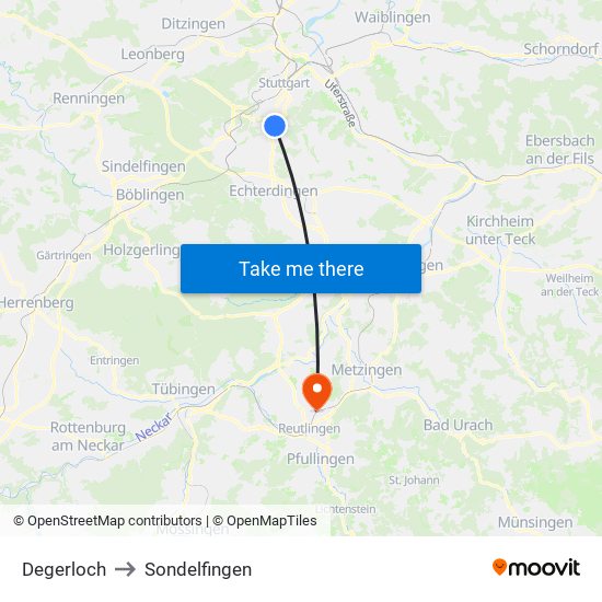 Degerloch to Sondelfingen map