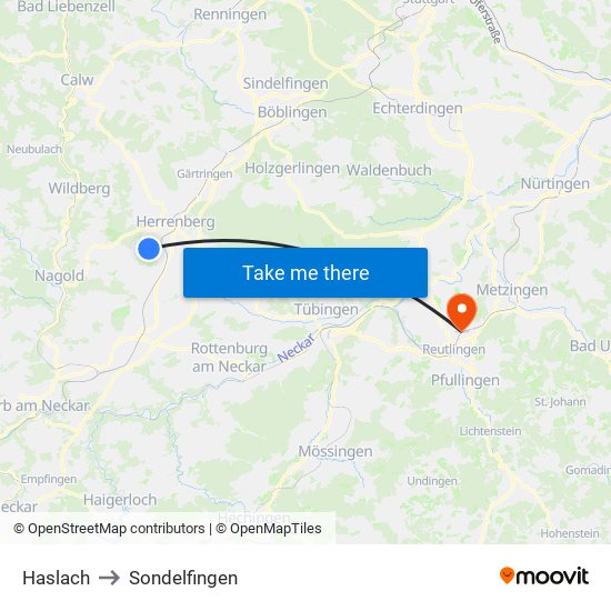 Haslach to Sondelfingen map