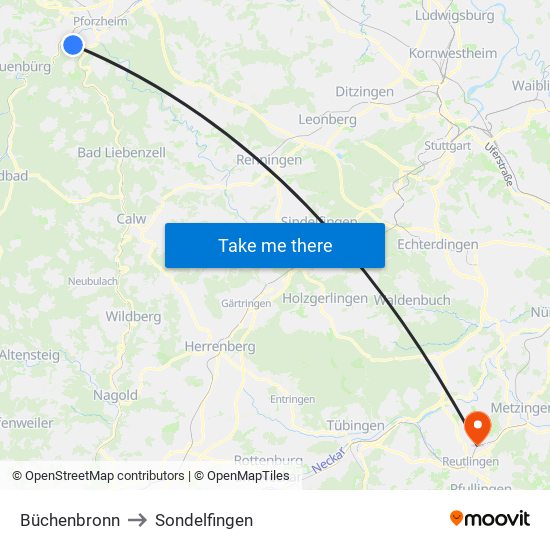 Büchenbronn to Sondelfingen map