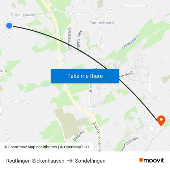 Reutlingen-Sickenhausen to Sondelfingen map