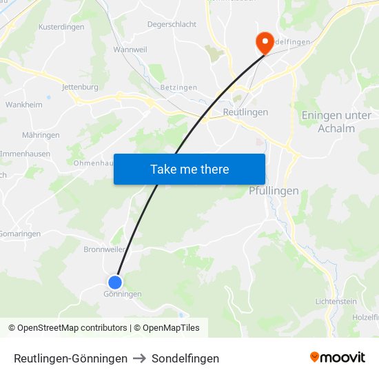 Reutlingen-Gönningen to Sondelfingen map