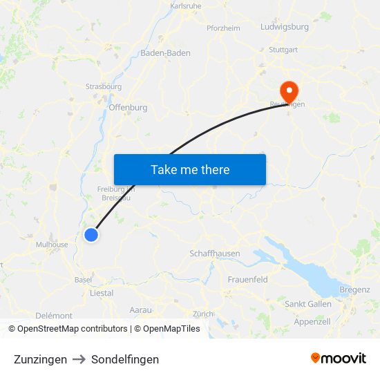 Zunzingen to Sondelfingen map