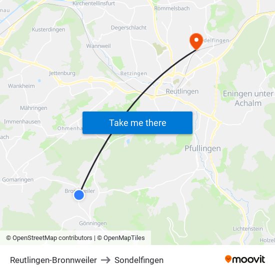 Reutlingen-Bronnweiler to Sondelfingen map