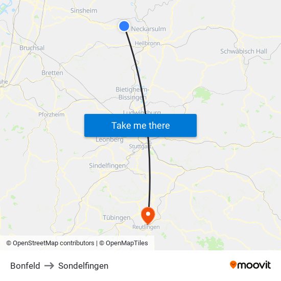 Bonfeld to Sondelfingen map