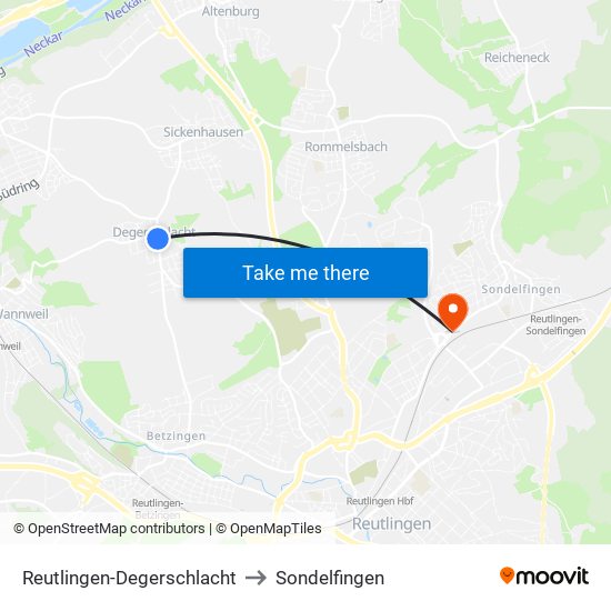 Reutlingen-Degerschlacht to Sondelfingen map