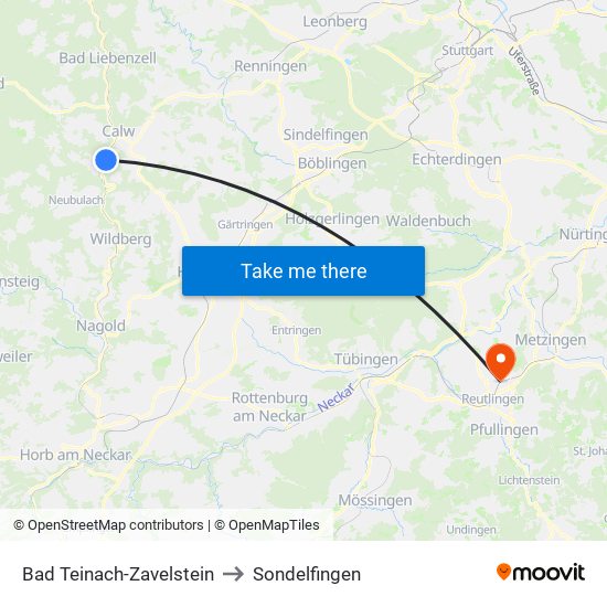 Bad Teinach-Zavelstein to Sondelfingen map