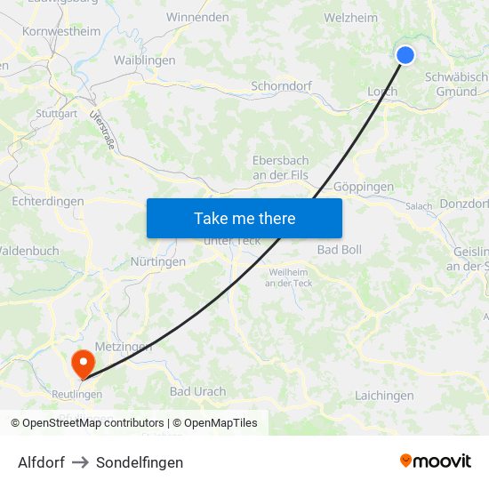 Alfdorf to Sondelfingen map