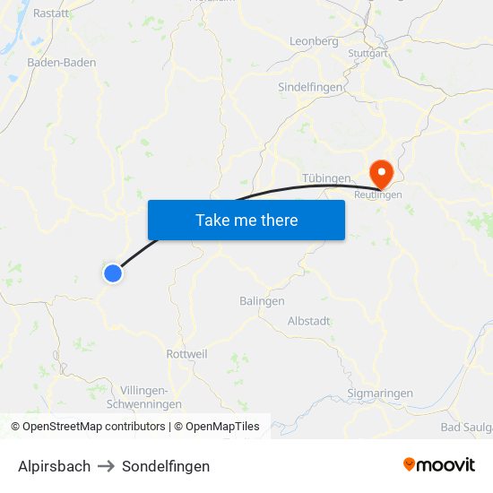 Alpirsbach to Sondelfingen map