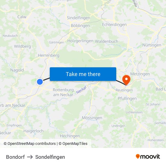 Bondorf to Sondelfingen map