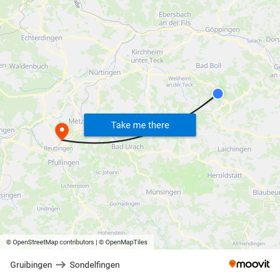 Gruibingen to Sondelfingen map