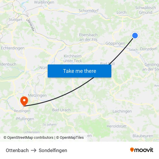 Ottenbach to Sondelfingen map