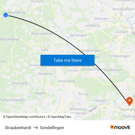 Straubenhardt to Sondelfingen map