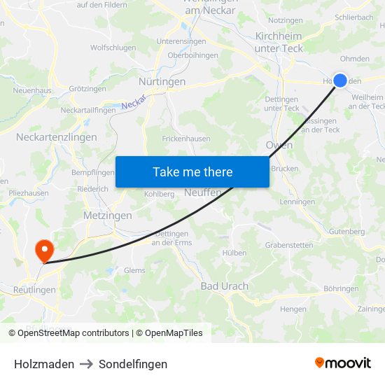 Holzmaden to Sondelfingen map