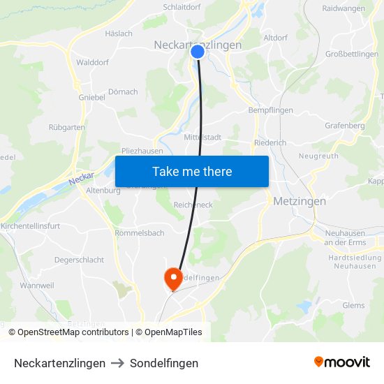 Neckartenzlingen to Sondelfingen map