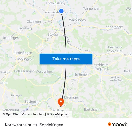 Kornwestheim to Sondelfingen map