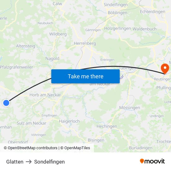 Glatten to Sondelfingen map