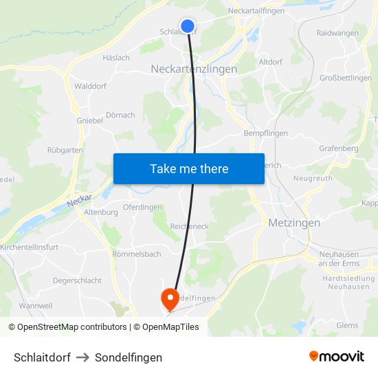 Schlaitdorf to Sondelfingen map