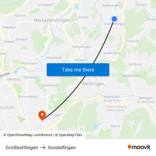 Großbettlingen to Sondelfingen map