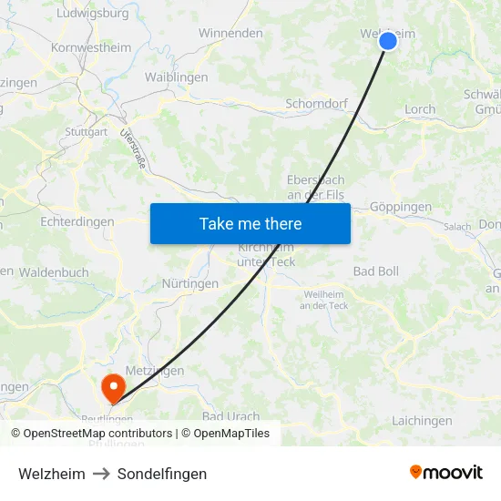 Welzheim to Sondelfingen map