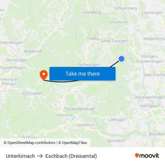 Unterkirnach to Eschbach (Dreisamtal) map