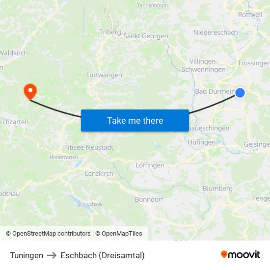 Tuningen to Eschbach (Dreisamtal) map