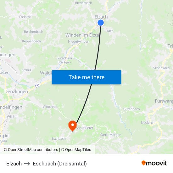 Elzach to Eschbach (Dreisamtal) map