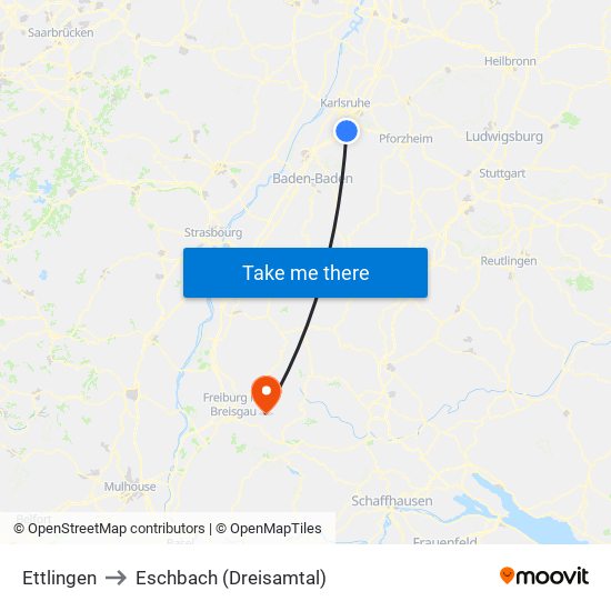 Ettlingen to Eschbach (Dreisamtal) map