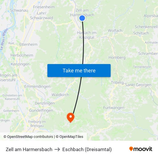 Zell am Harmersbach to Eschbach (Dreisamtal) map