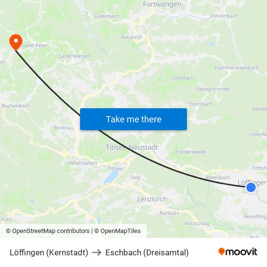 Löffingen (Kernstadt) to Eschbach (Dreisamtal) map