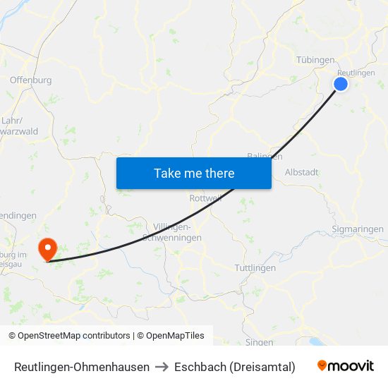 Reutlingen-Ohmenhausen to Eschbach (Dreisamtal) map