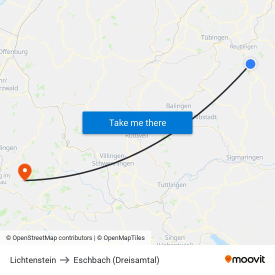 Lichtenstein to Eschbach (Dreisamtal) map