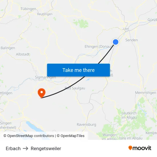 Erbach to Rengetsweiler map