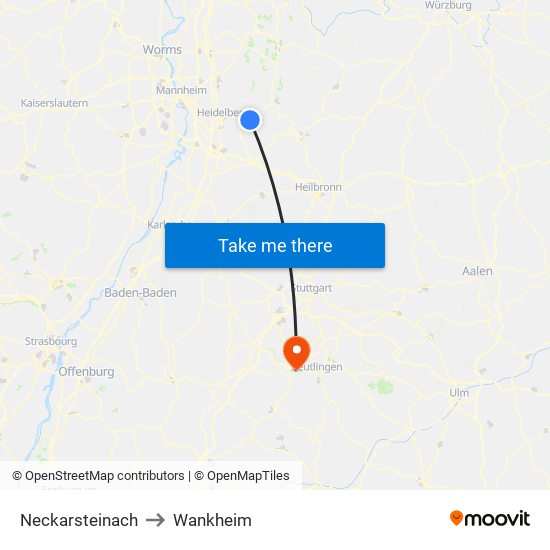 Neckarsteinach to Wankheim map