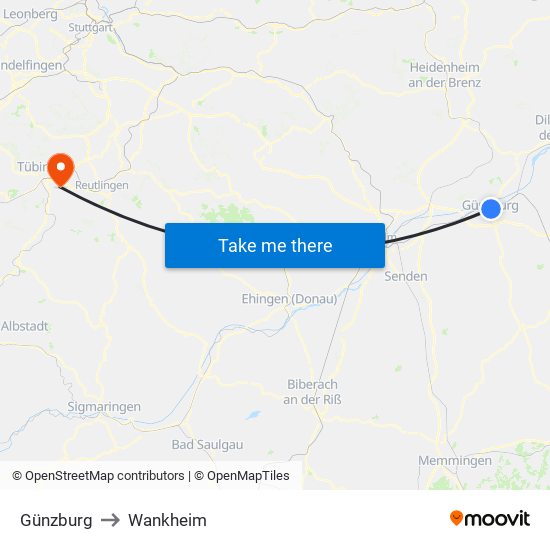 Günzburg to Wankheim map