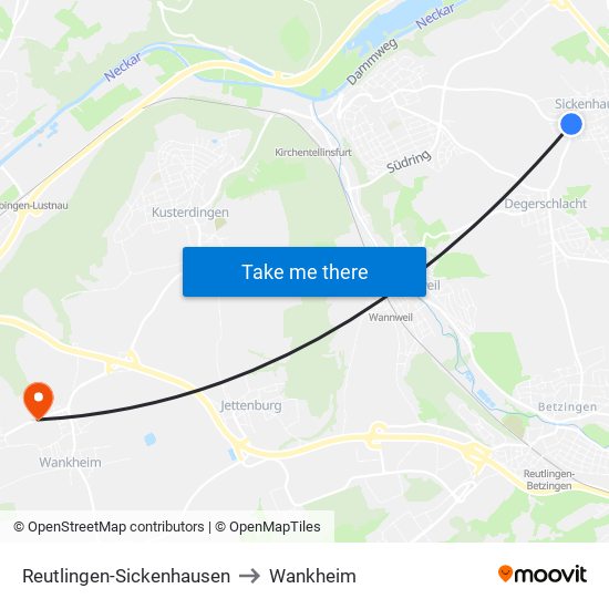 Reutlingen-Sickenhausen to Wankheim map