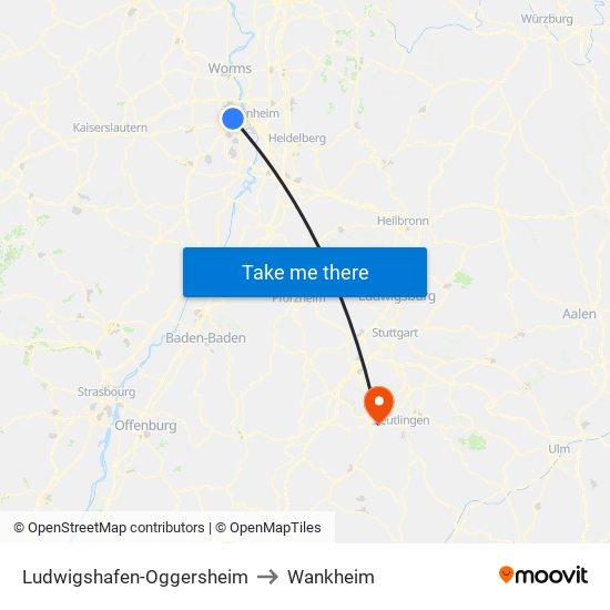 Ludwigshafen-Oggersheim to Wankheim map