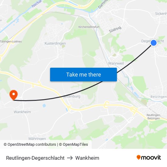 Reutlingen-Degerschlacht to Wankheim map