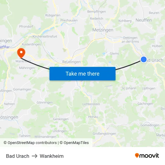 Bad Urach to Wankheim map