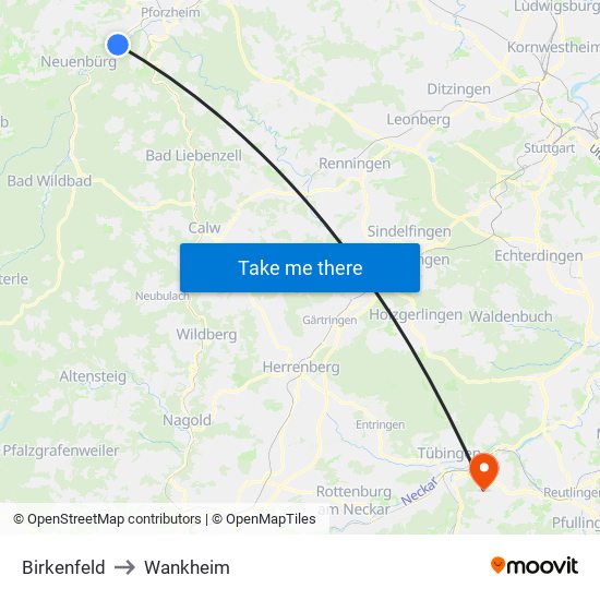 Birkenfeld to Wankheim map