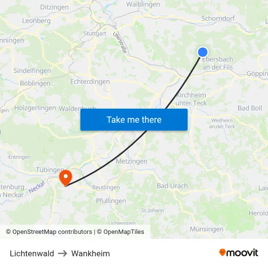 Lichtenwald to Wankheim map