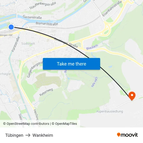 Tübingen to Wankheim map