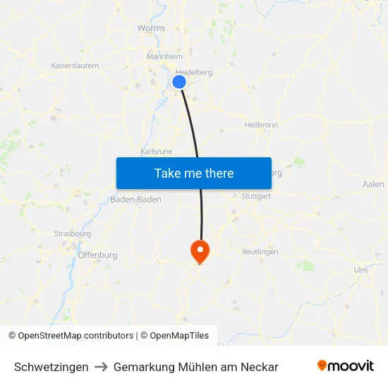 Schwetzingen to Gemarkung Mühlen am Neckar map