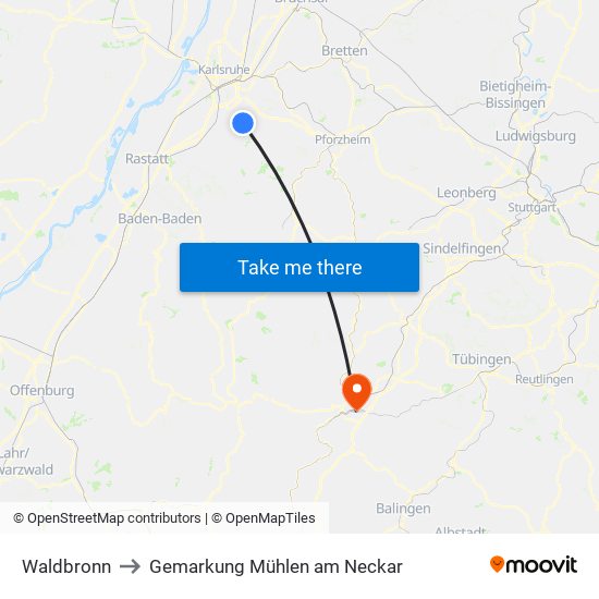 Waldbronn to Gemarkung Mühlen am Neckar map