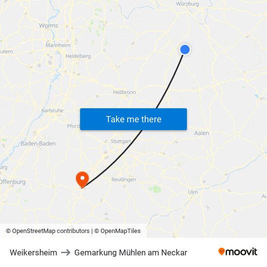 Weikersheim to Gemarkung Mühlen am Neckar map