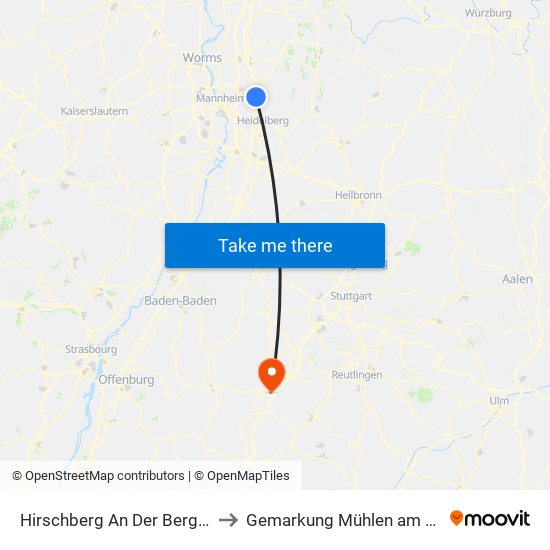 Hirschberg An Der Bergstraße to Gemarkung Mühlen am Neckar map