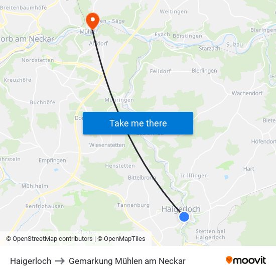 Haigerloch to Gemarkung Mühlen am Neckar map