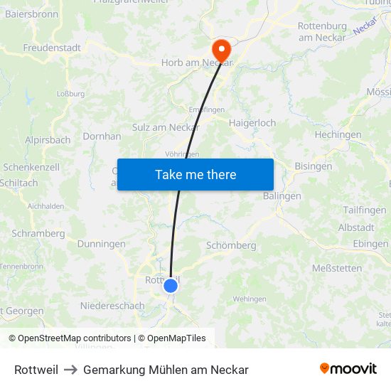 Rottweil to Gemarkung Mühlen am Neckar map