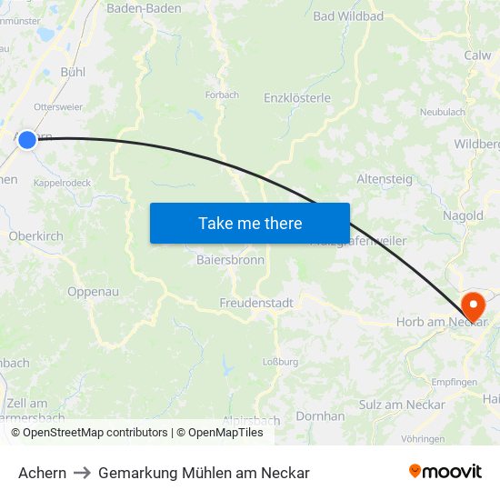 Achern to Gemarkung Mühlen am Neckar map