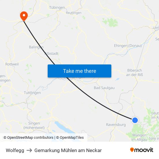 Wolfegg to Gemarkung Mühlen am Neckar map